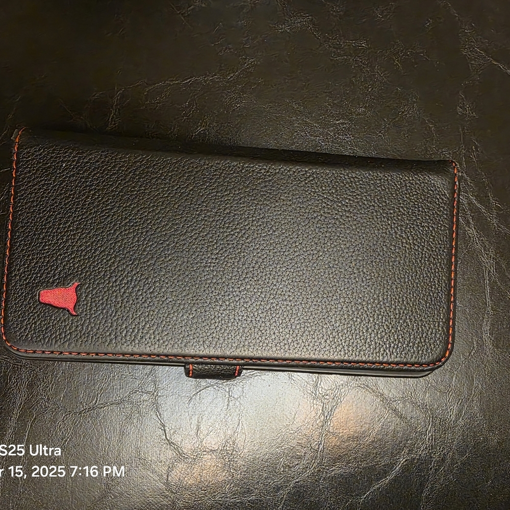 Black Authentic Leather Torro Phone Case Wallet w Red Accent. Fits Samsung S24+